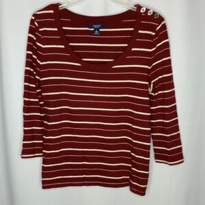⭐ Chaps Scoop Neck Striped Blouse 3/4 Sleeve Cotton Knit Top Button Detail Med
